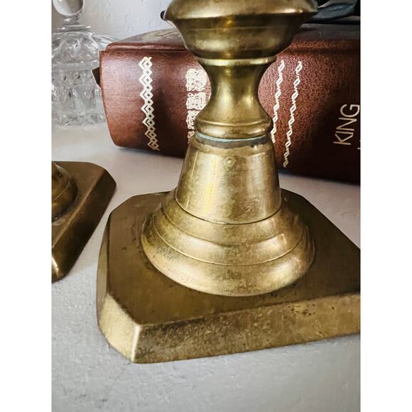 Vintage Brass Candlestick Holders Pair, Hexagon Base, 8” Colonial Revival - Picture 11 of 13